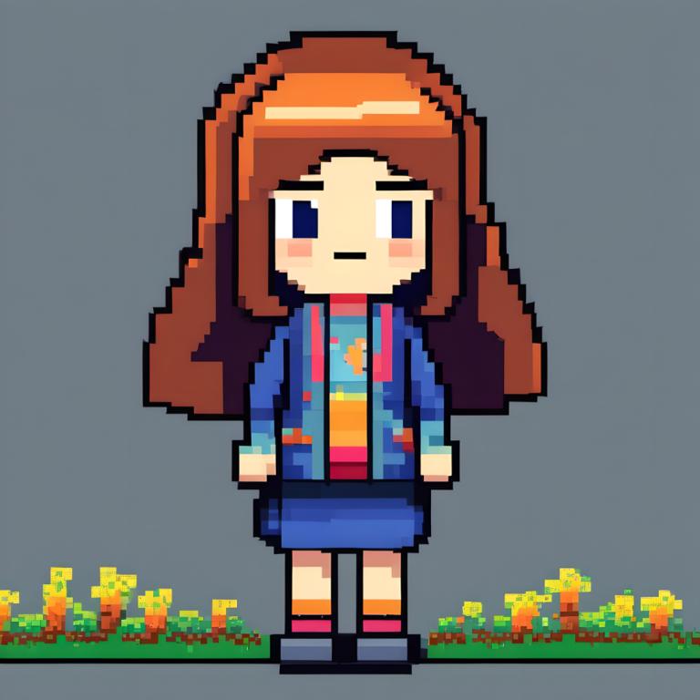 Pixel Art,Pixel Art, People, girl, 1girl, solo, skirt, brown hair, blue eyes, grey background, long hair