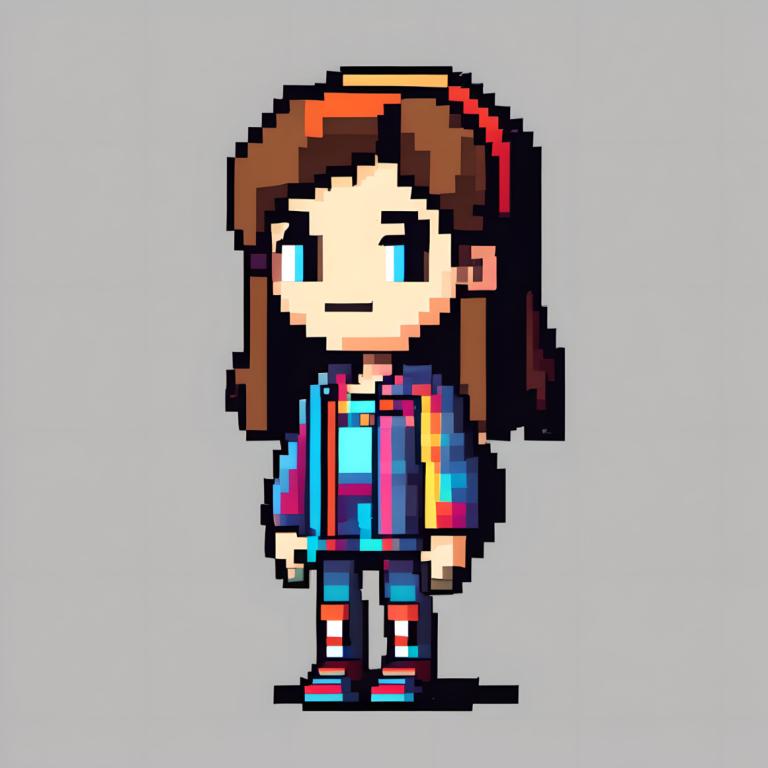 Pixel Art,Pixel Art, People, girl, 1girl, solo, brown hair, blue eyes, long hair, shirt, simple background