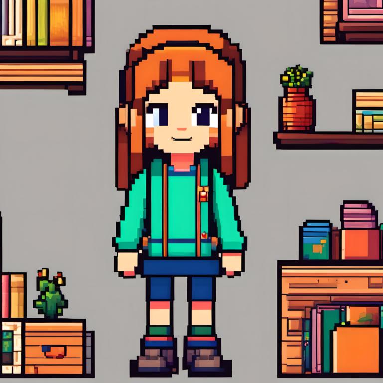 Arte de pixel,Arte de pixel, Gente, chica, 1 chica, solo, fondo gris, calzado marron, planta