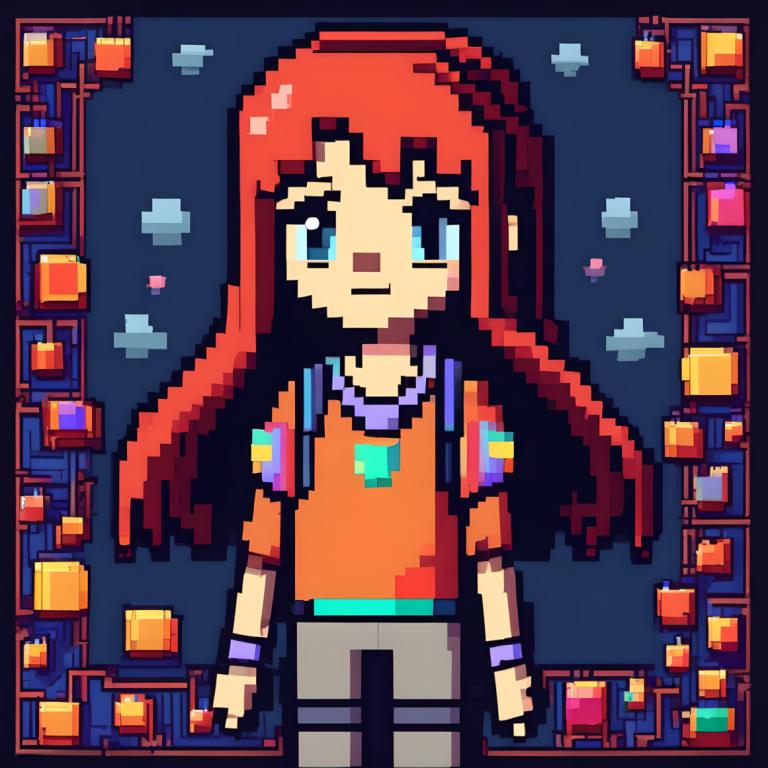 Pixel Art,Pixel Art, People, girl, solo, long hair, blue eyes, shirt, 1girl, orange shirt, red hair