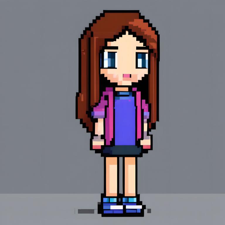 Pixel Art,Pixel Art, People, girl, 1girl, solo, brown hair, grey background, long hair, shirt, purple shirt