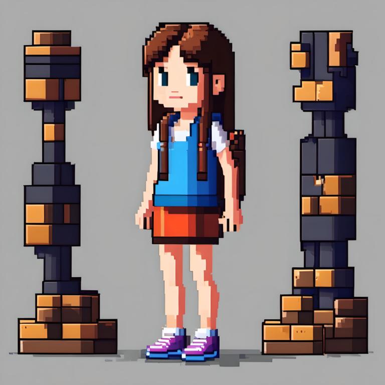 Pixel Art,Pixel Art, People, girl, 1girl, solo, brown hair, backpack, grey background, skirt, long hair