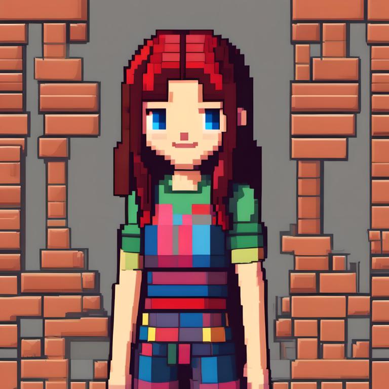 Pixel Art,Pixel Art, People, girl, solo, brick wall, shirt, 1girl, blue eyes, overalls, green shirt