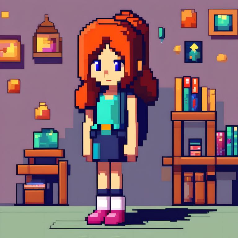 Pixel Art,Pixel Art, People, girl, 1girl, solo, standing, long hair, blue eyes, orange hair, shadow