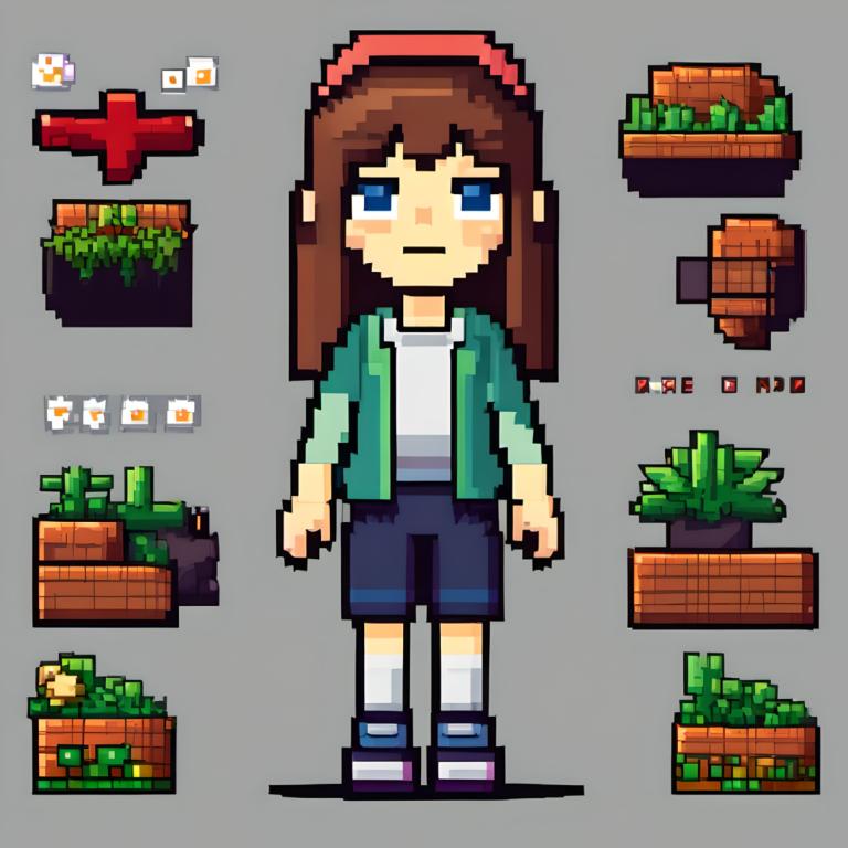 Pixel Art,Pixel Art, People, girl, 1girl, brown hair, shorts, blue eyes, solo, grey background, shirt