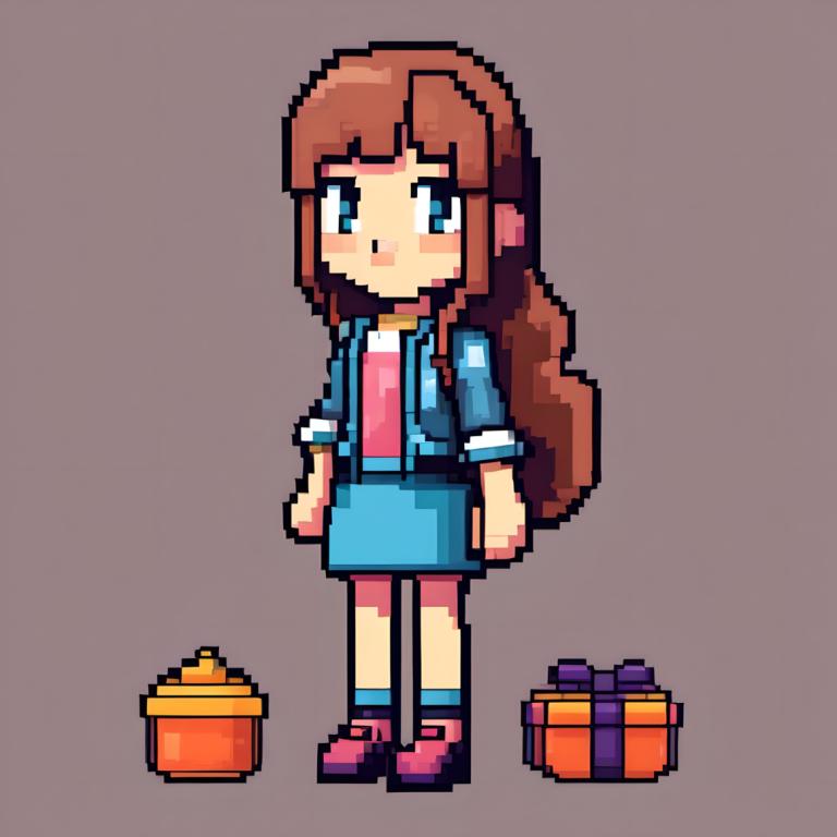 Pixel Art,Pixel Art, People, girl, 1girl, solo, brown hair, skirt, blue eyes, long hair, jacket