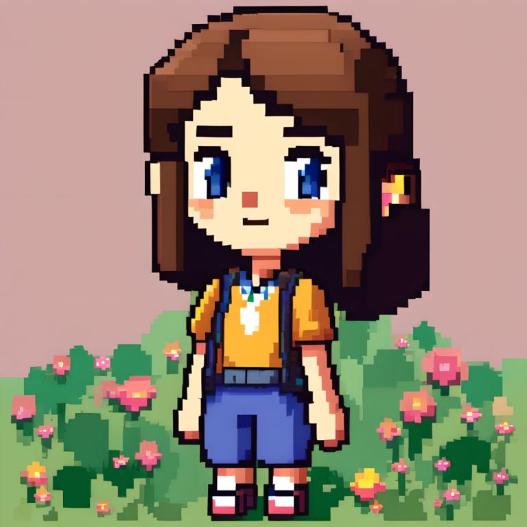 Pixel art,Pixel art, Personnes, fille, solo, cheveux bruns, yeux bleus, chemise, fleur, 1fille