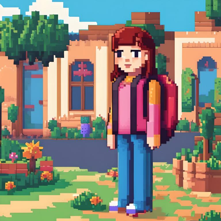 Pixel Art,Pixel Art, People, girl, 1girl, backpack, brown hair, solo, bag, outdoors, flower, shirt, day