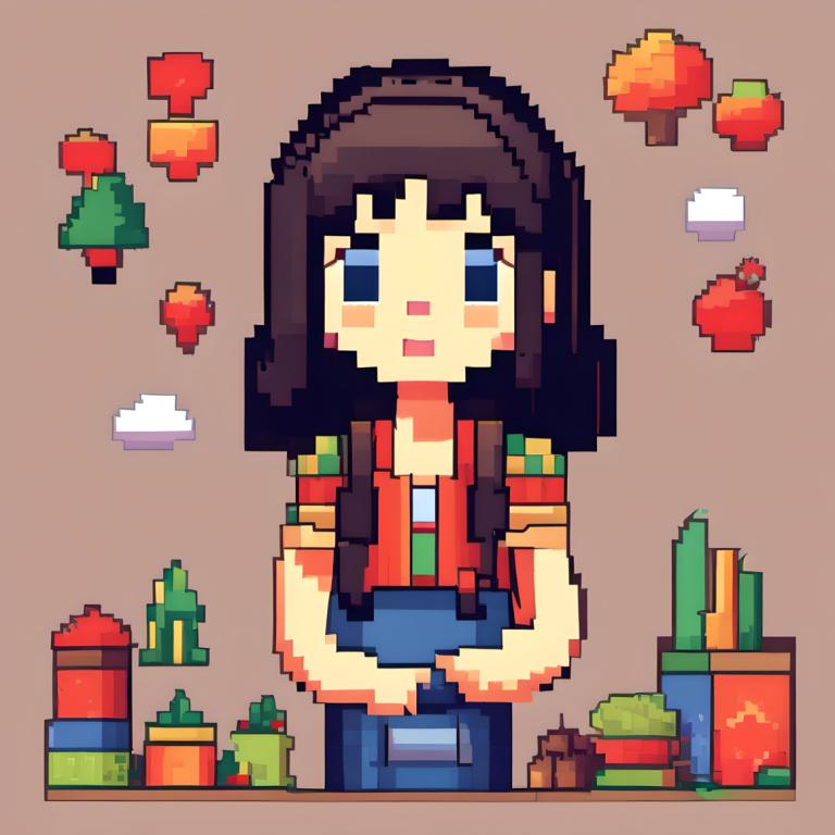 Pixel Art,Pixel Art, People, girl, 1girl, solo, blue eyes, shirt, long hair, open mouth, brown hair