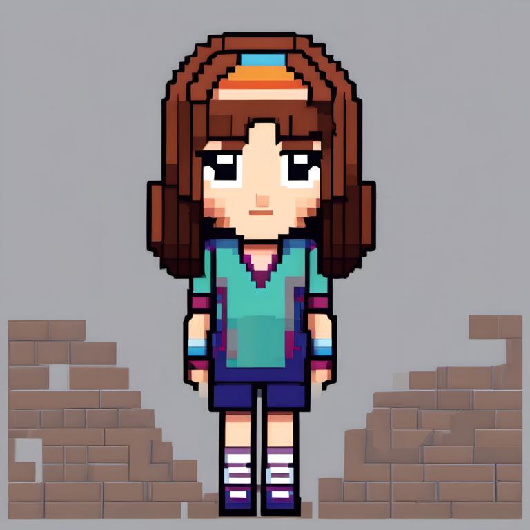 Pixel Art,Pixel Art, People, girl, 1girl, shirt, solo, brown hair, black eyes, shorts, full body, wristband