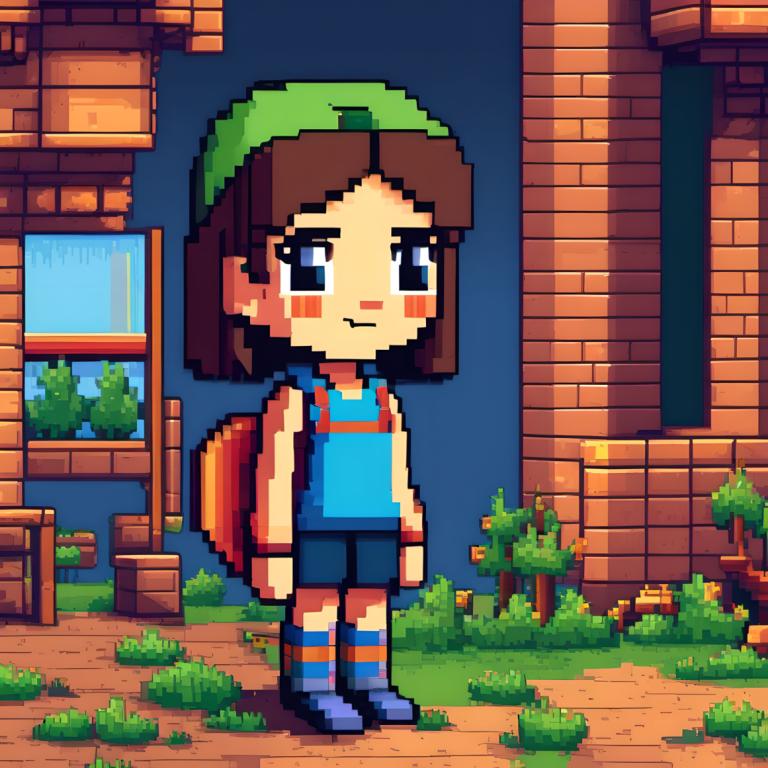 Pixel Art,Pixel Art, People, girl, backpack, 1girl, brown hair, solo, green headwear, blush stickers, striped