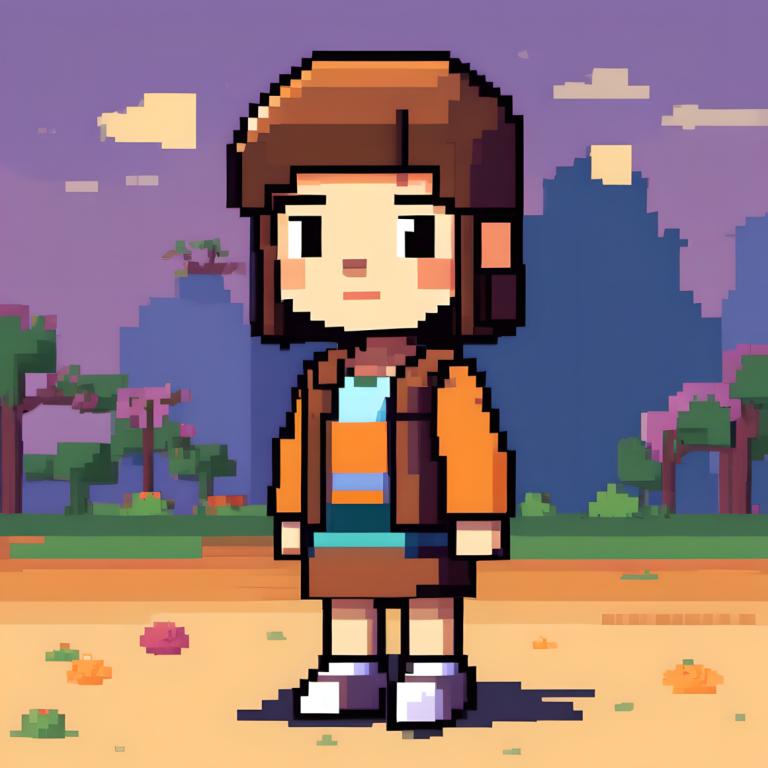 Pixel Art,Pixel Art, People, girl, brown hair, solo, 1girl, outdoors, shirt, tree, skirt, cloud, standing