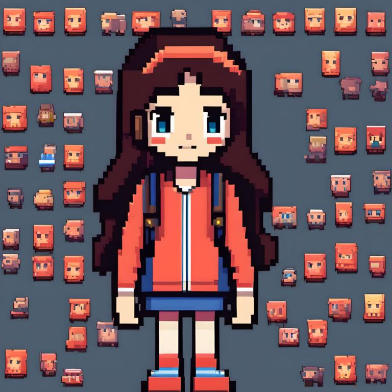 Pixel Art,Pixel Art, People, girl, 1girl, long hair, brown hair, blue eyes, solo, skirt, blush stickers