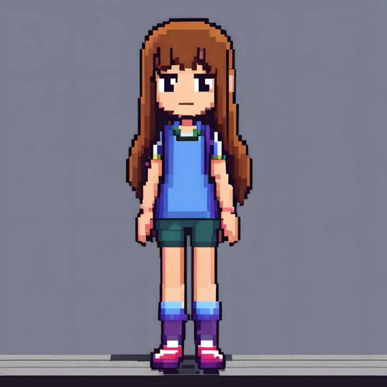 Pixel art,Pixel art, Personnes, fille, 1fille, solo, cheveux bruns, cheveux longs, fond gris, chemise, shorts