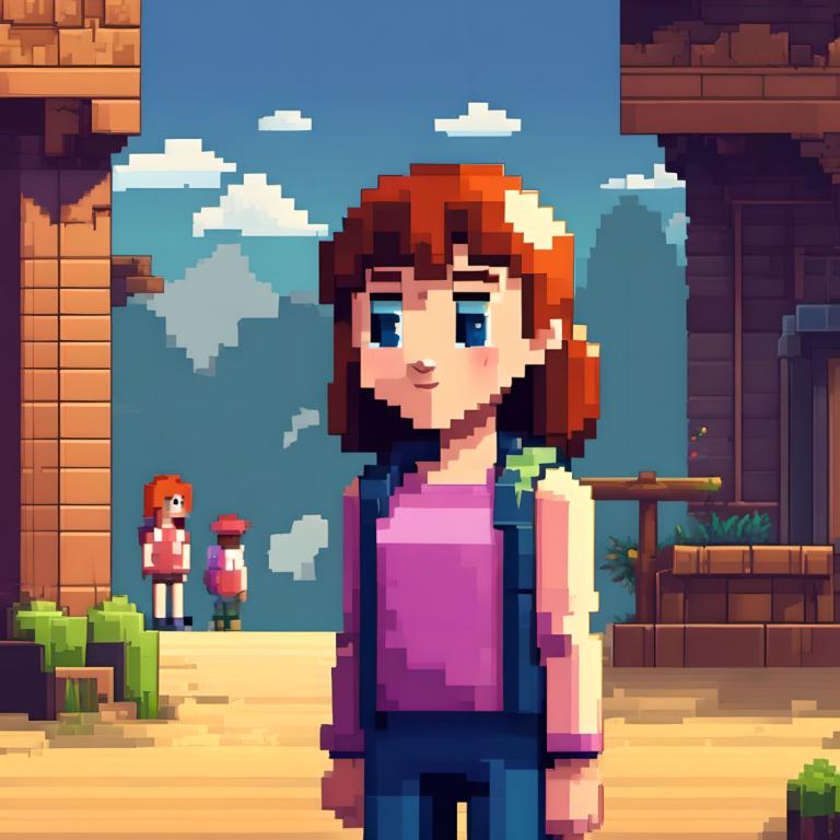 Pixel Art,Pixel Art, People, girl, brown hair, blue eyes, outdoors, shirt, 1girl, day, cloud, sky, smile