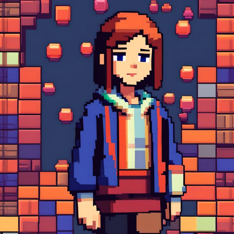 Pixel Art,Pixel Art, People, girl, solo, blue eyes, brown hair, holding, shirt, hood, long sleeves, jacket