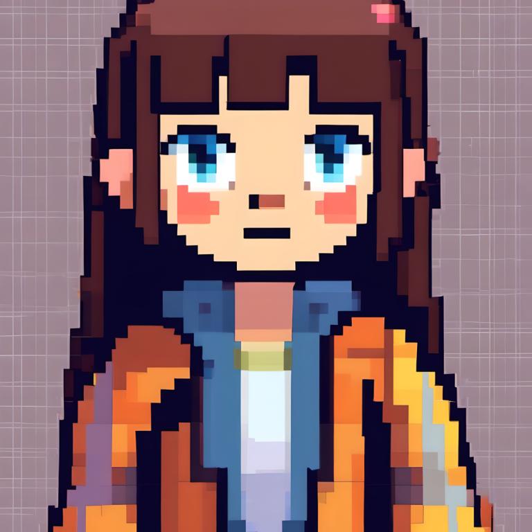 Pixel Art,Pixel Art, People, girl, 1girl, solo, brown hair, blue eyes, plaid background, long hair, jacket