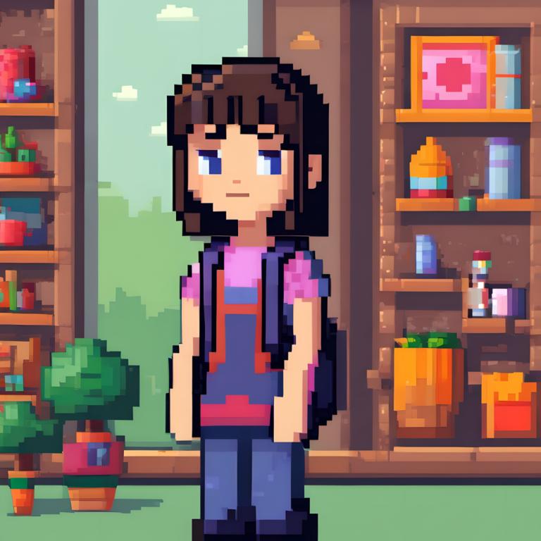 Pixel Art,Pixel Art, People, girl, 1girl, solo, shirt, brown hair, plant, backpack, blue eyes, bag