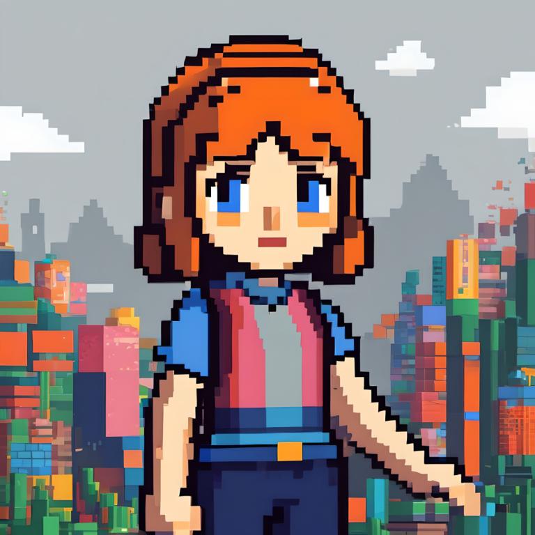 Pixel Art,Pixel Art, People, girl, solo, blue eyes, shirt, cloud, 1girl, brown hair, outdoors, short sleeves