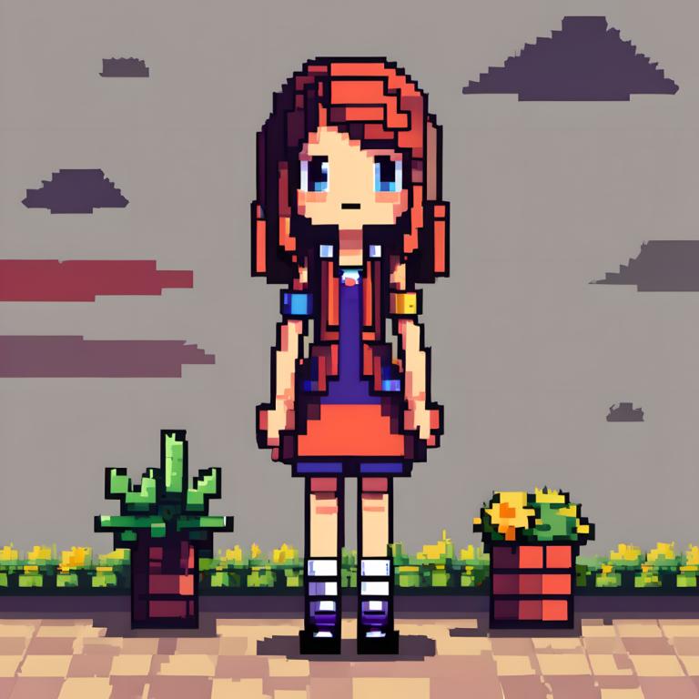 Pixel Art,Pixel Art, People, girl, 1girl, solo, blue eyes, plant, cloud, flower pot, flower, standing