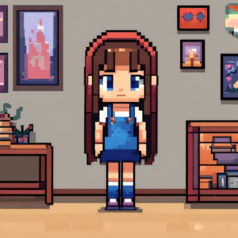 Pixel Art,Pixel Art, People, girl, 1girl, brown hair, blue eyes, long hair, solo, book, socks, indoors