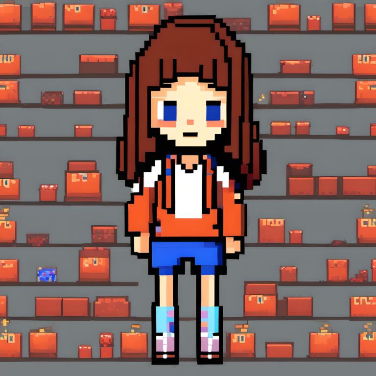 Pixel art,Pixel art, Personnes, fille, 1fille, solo, cheveux bruns, yeux bleus, shorts, short bleu, sac à dos