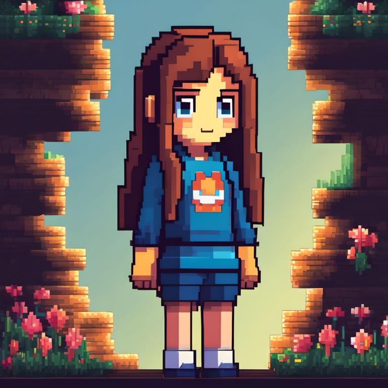 Pixel Art,Pixel Art, People, girl, brown hair, solo, long hair, flower, shorts, blue shorts, shirt, standing