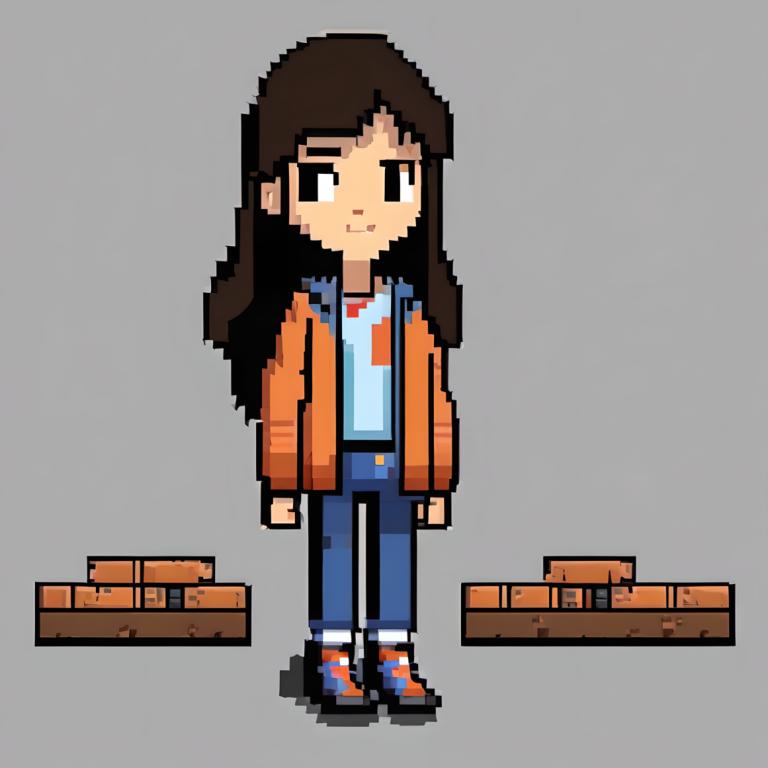 Pixel Kunst,Pixel Kunst, Menschen, Mädchen, 1Mädchen, Solo, grauer Hintergrund, braune Haare, Jacke