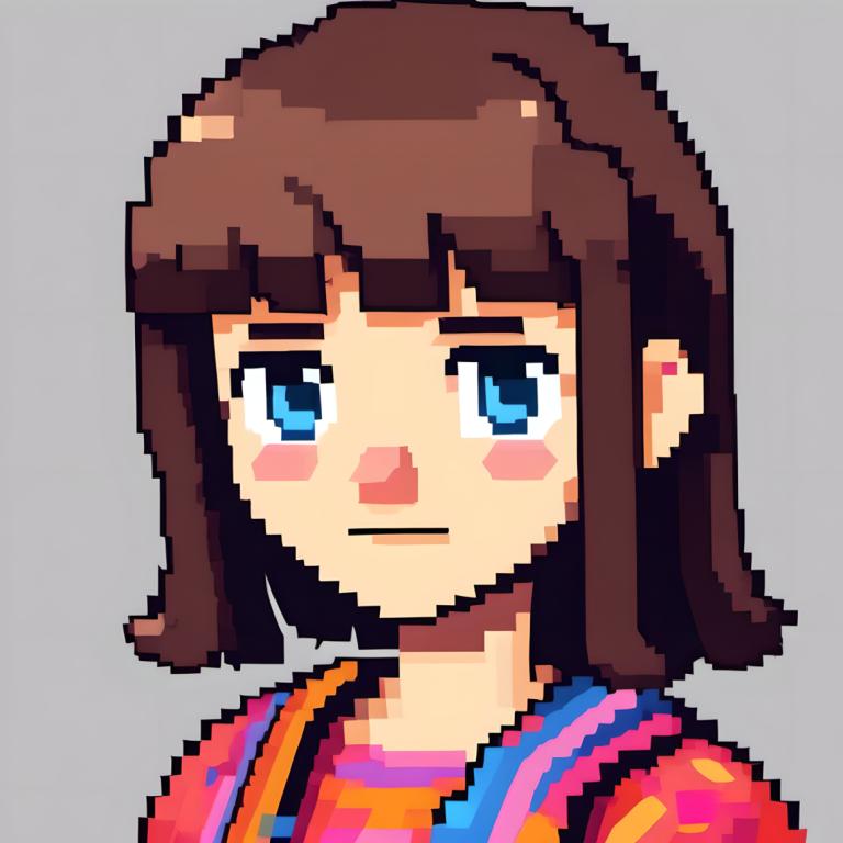 Pixel Art,Pixel Art, People, girl, solo, 1girl, brown hair, blue eyes, shirt, simple background