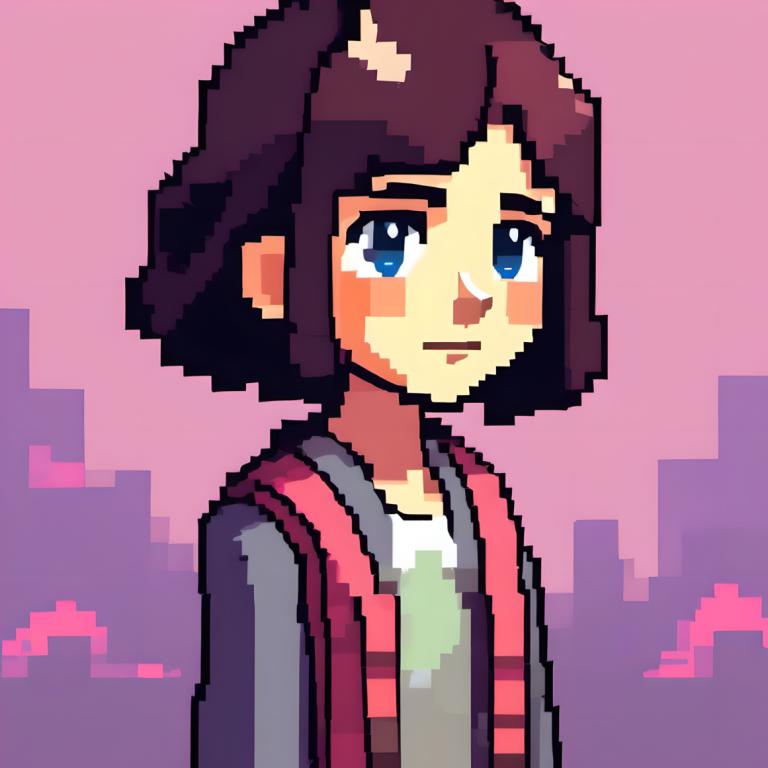 Pixel Art,Pixel Art, People, girl, solo, blue eyes, 1girl, brown hair, short hair, upper body, shirt