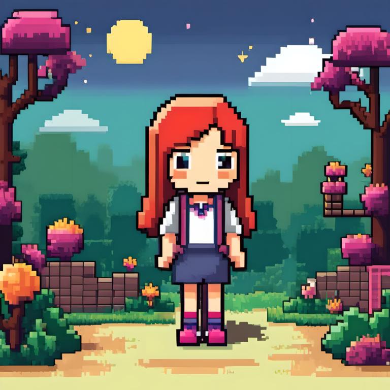 Pixel Art,Pixel Art, People, girl, 1girl, solo, tree, outdoors, long hair, shirt, skirt, blush stickers