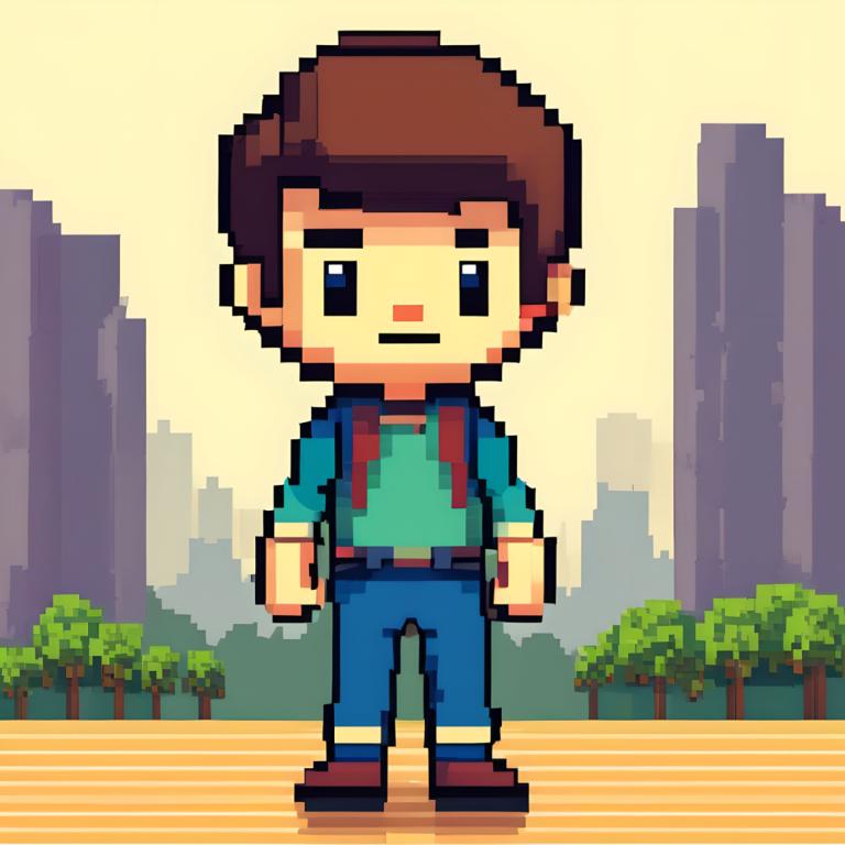 Pixel Art,Pixel Art, People, boy, 1boy, solo, male focus, brown hair, shirt, tree, pants, chibi, outdoors