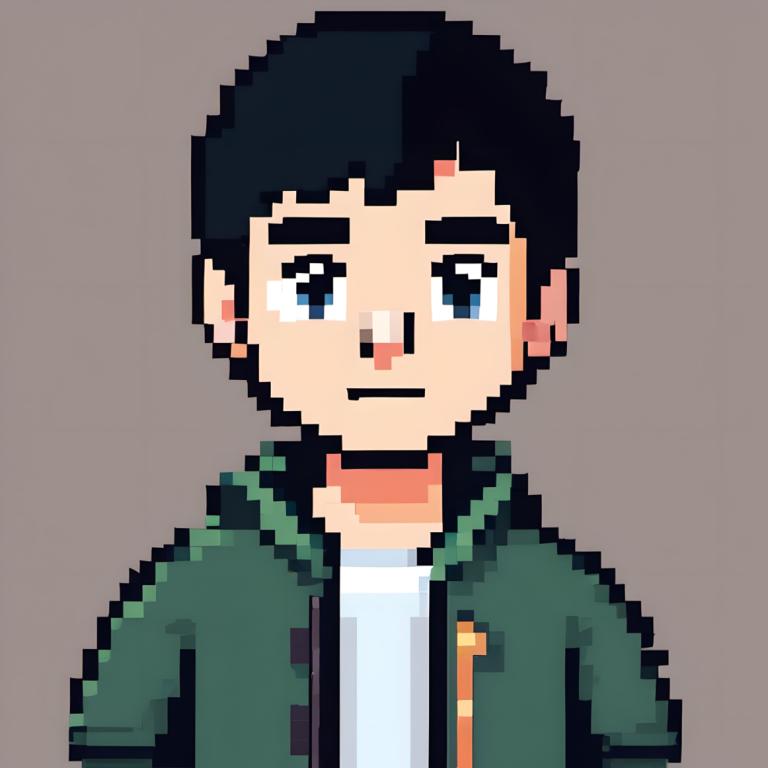 Pixel Art,Pixel Art, People, boy, 1boy, male focus, solo, green jacket, black hair, blue eyes, shirt