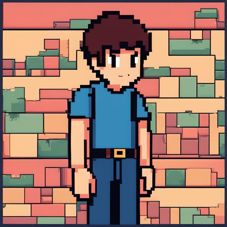 Pixel Art,Pixel Art, People, boy, solo, brick wall, shirt, brown hair, belt, male focus, short sleeves, 1boy