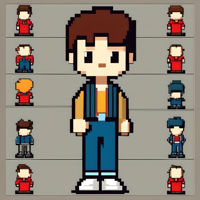 Pixel Art,Pixel Art, People, boy, brown hair, multiple boys, grey background, male focus, pants, shirt