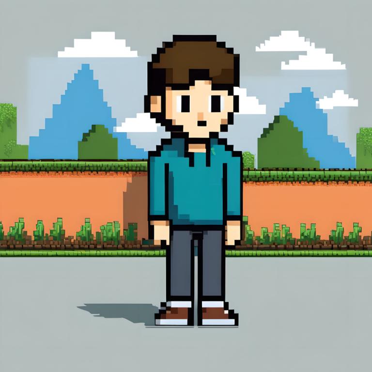 Pixel Art,Pixel Art, People, boy, 1boy, solo, male focus, brown hair, pants, brown footwear, hoodie, cloud