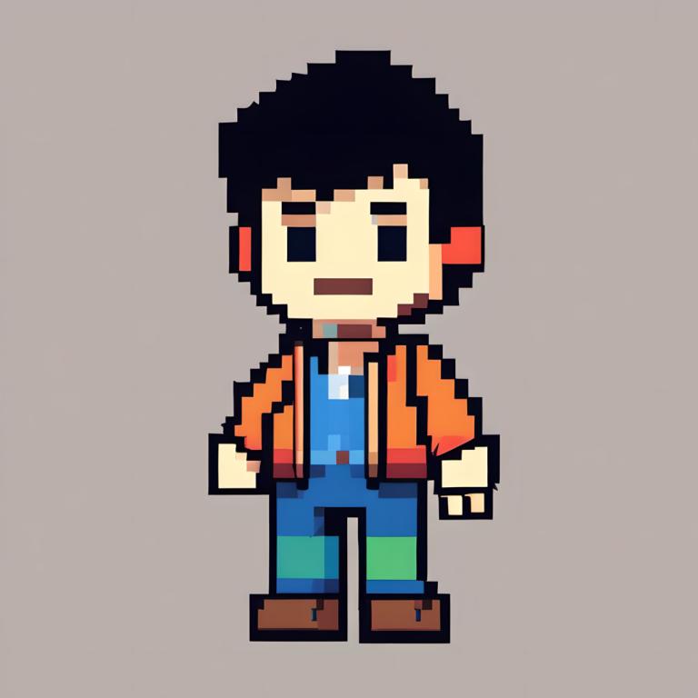 Pixel Art,Pixel Art, People, boy, 1boy, male focus, solo, grey background, orange jacket, brown footwear