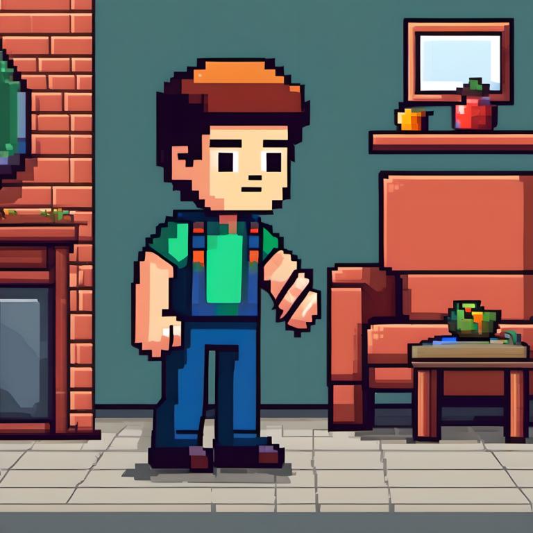 Pixel Art,Pixel Art, People, boy, 1boy, male focus, solo, shirt, green shirt, facial hair, brown hair