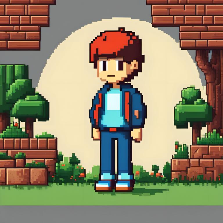 Pixel Art,Pixel Art, People, boy, 1boy, male focus, solo, grass, bush, standing, tree, brown hair, jacket