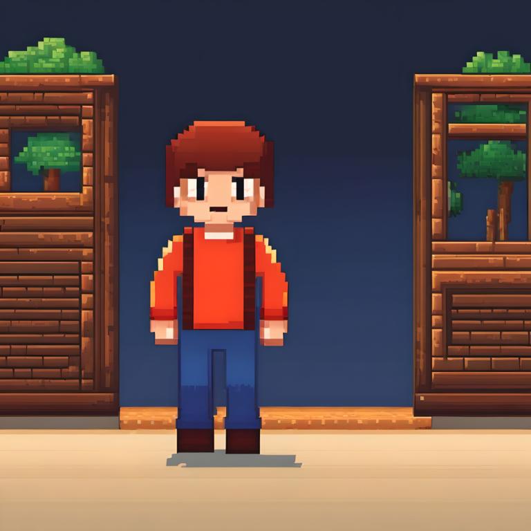 Pixel Art,Pixel Art, People, boy, 1boy, male focus, solo, shirt, brown hair, standing, red shirt, pants