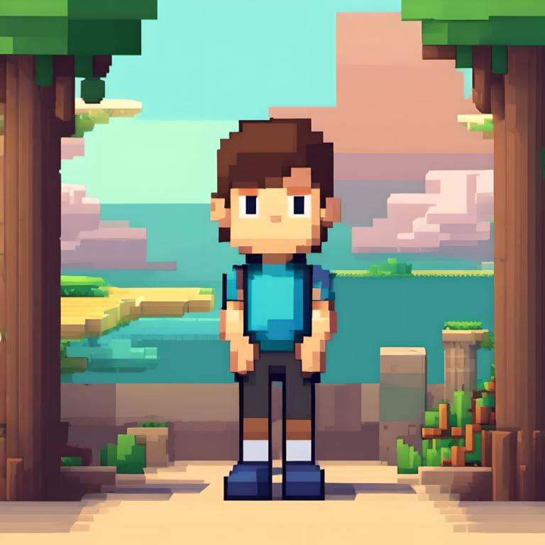 Pixel Art,Pixel Art, People, boy, solo, brown hair, shirt, 1boy, male focus, outdoors, backpack, blue shirt