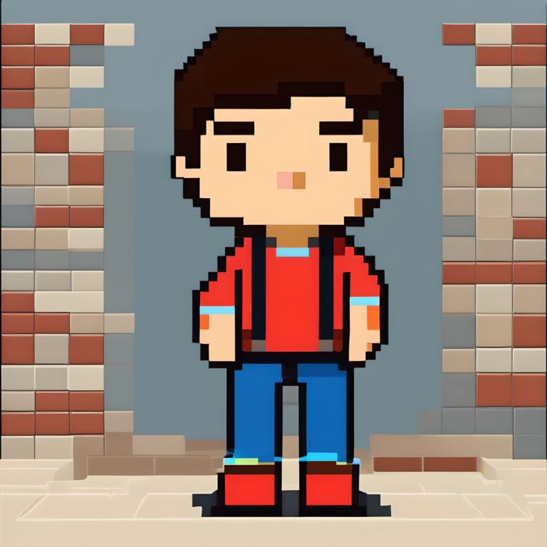 Pixel Art,Pixel Art, People, boy, 1boy, male focus, shirt, solo, brown hair, pants, standing, full body