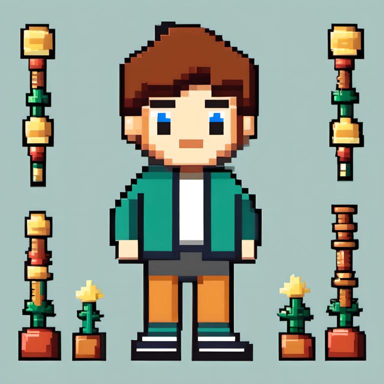 Pixel Art,Pixel Art, People, boy, 1boy, male focus, solo, brown hair, green jacket, jacket, shirt, smile