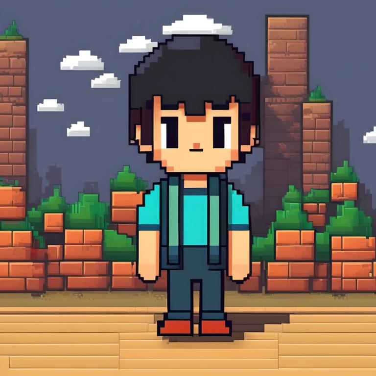 Pixel art,Pixel art, Personnes, garçon, 1garçon, foyer masculin, solo, chemise, cheveux noirs, nuage