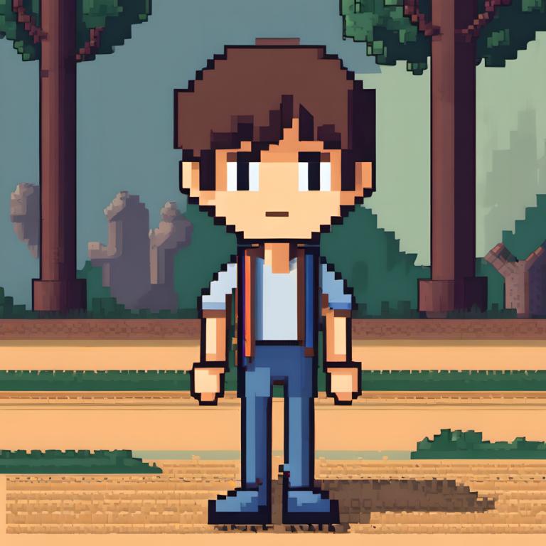 Pixel Art,Pixel Art, People, boy, 1boy, brown hair, solo, male focus, tree, outdoors, standing, pants, shirt