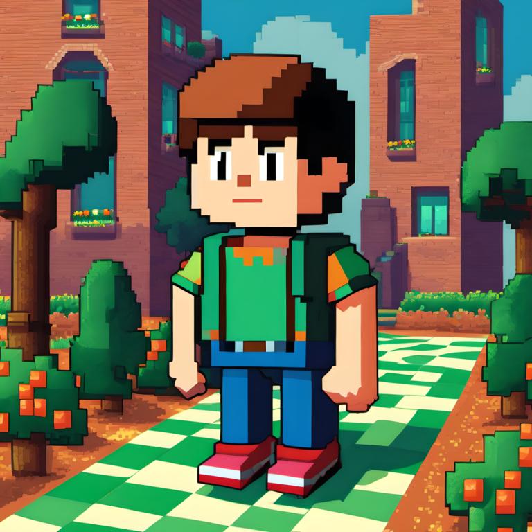 Pixel Art,Pixel Art, People, boy, shirt, 1boy, male focus, solo, red footwear, outdoors, green shirt, tree