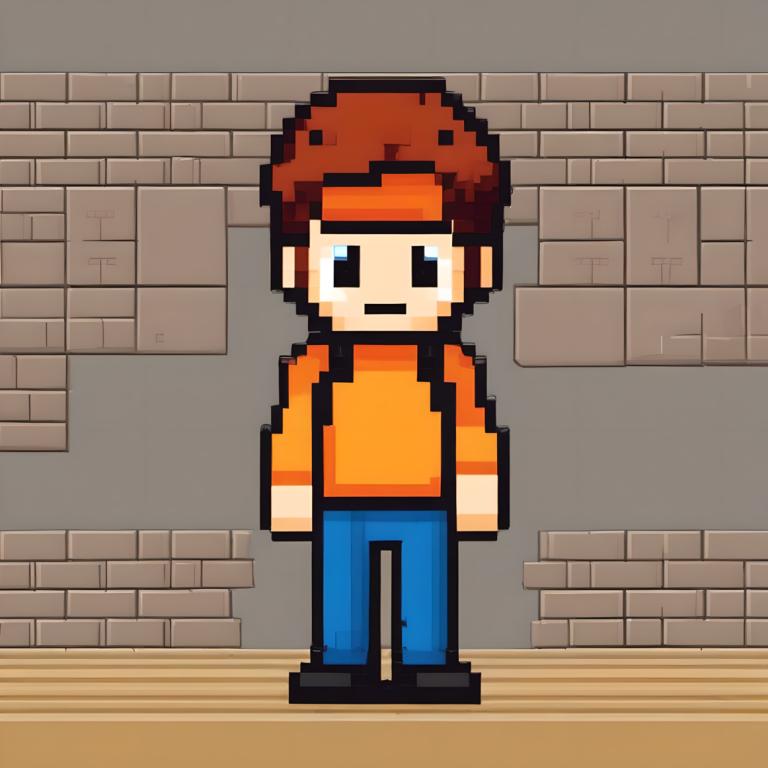 Pixel Art,Pixel Art, People, boy, 1boy, solo, male focus, brown hair, headband, pants, shirt, standing