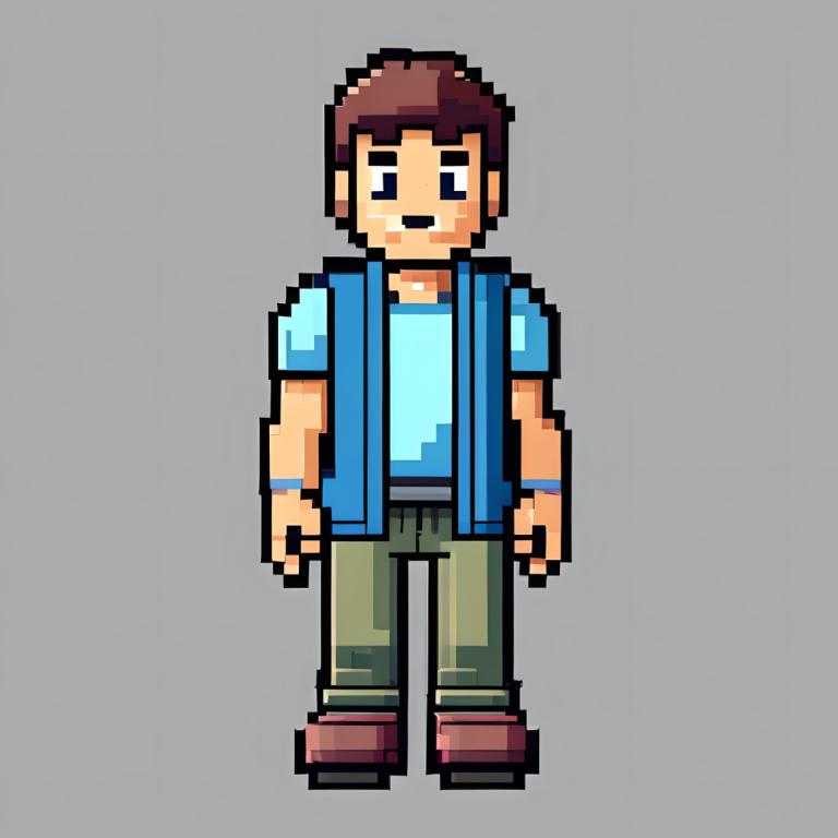 Pixel Art,Pixel Art, People, boy, 1boy, solo, male focus, grey background, brown hair, shirt, green pants