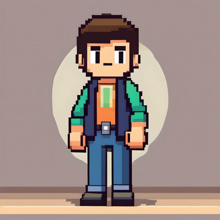 Pixel Art,Pixel Art, People, boy, 1boy, male focus, solo, brown hair, vest, shirt, belt, pants, chibi