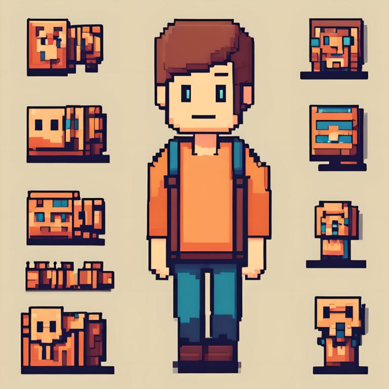 Pixel Kunst,Pixel Kunst, Menschen, Junge, braune Haare, 1Junge, Hemd, blaue Augen, Rucksack